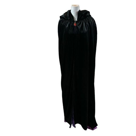 Ladies Long‎ Black Velvet Hooded Robe with Purple Satin Lining One Size - Picture 3 of 11